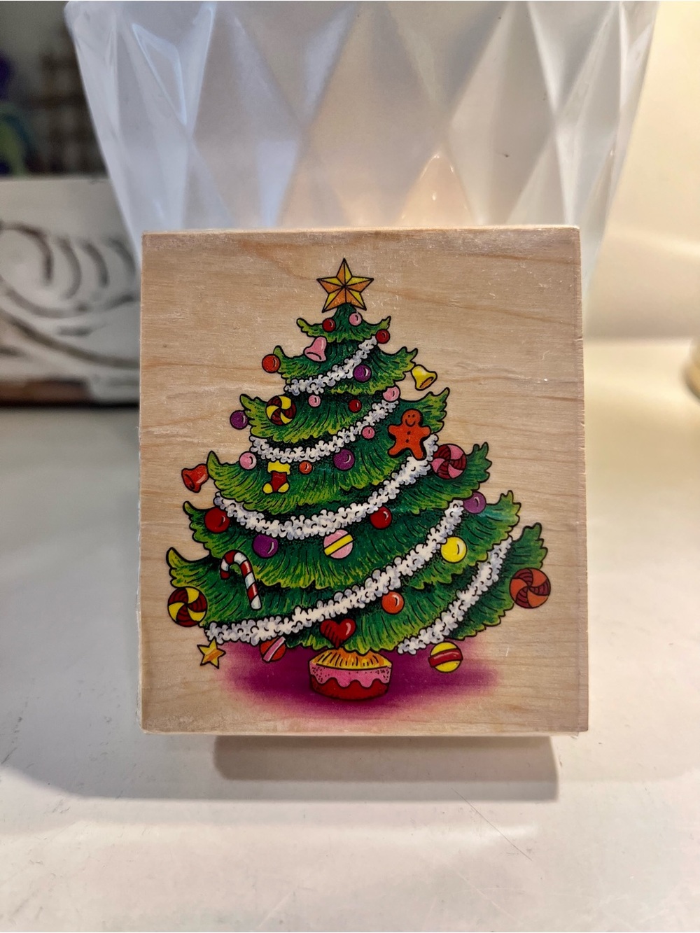 Vintage Christmas tree with garland, ornaments and star wooden and rubber stamp
